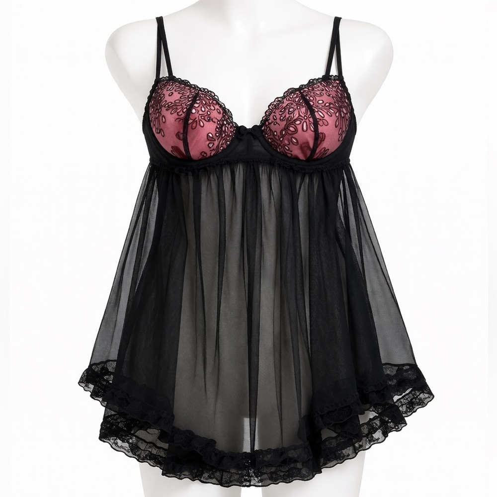 VTG VICTORIAS SECRET 34C BABYDOLL SEXY LITTLE THINGS BLACK PINK BRA MESH SLIP